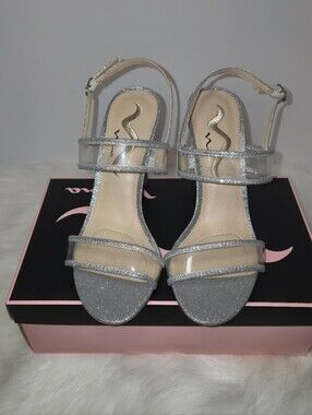 Nina Silver Glitter Clear Strap Heeled Sandals Size 9